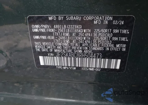 2024 Subaru Forester из США, поврежденный, VIN JF2SKABC8RH504473